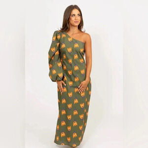 Karlie Dress Women’s Medium Popplin Poppy One Shoulder Maxi Olive Green NWT